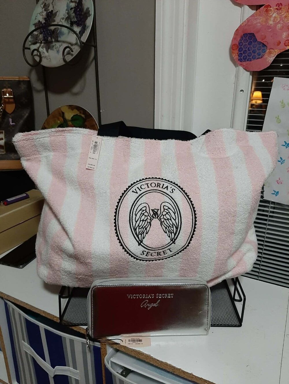 Victoria's Secret Pink & White Striped Terry Tote & Long Wallet w/ Angel🪽Emblem